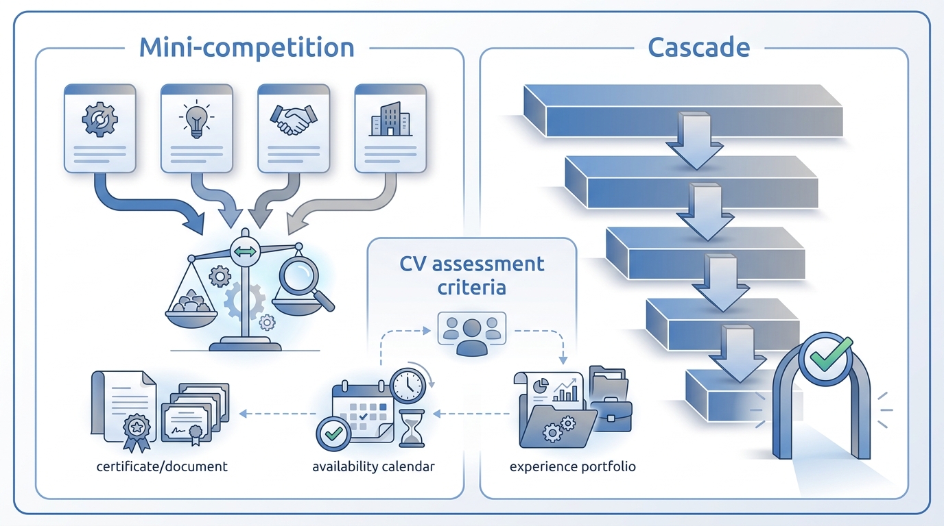 A mini-competition compares submitted profiles against each other; a cascade checks one profile against the specification.