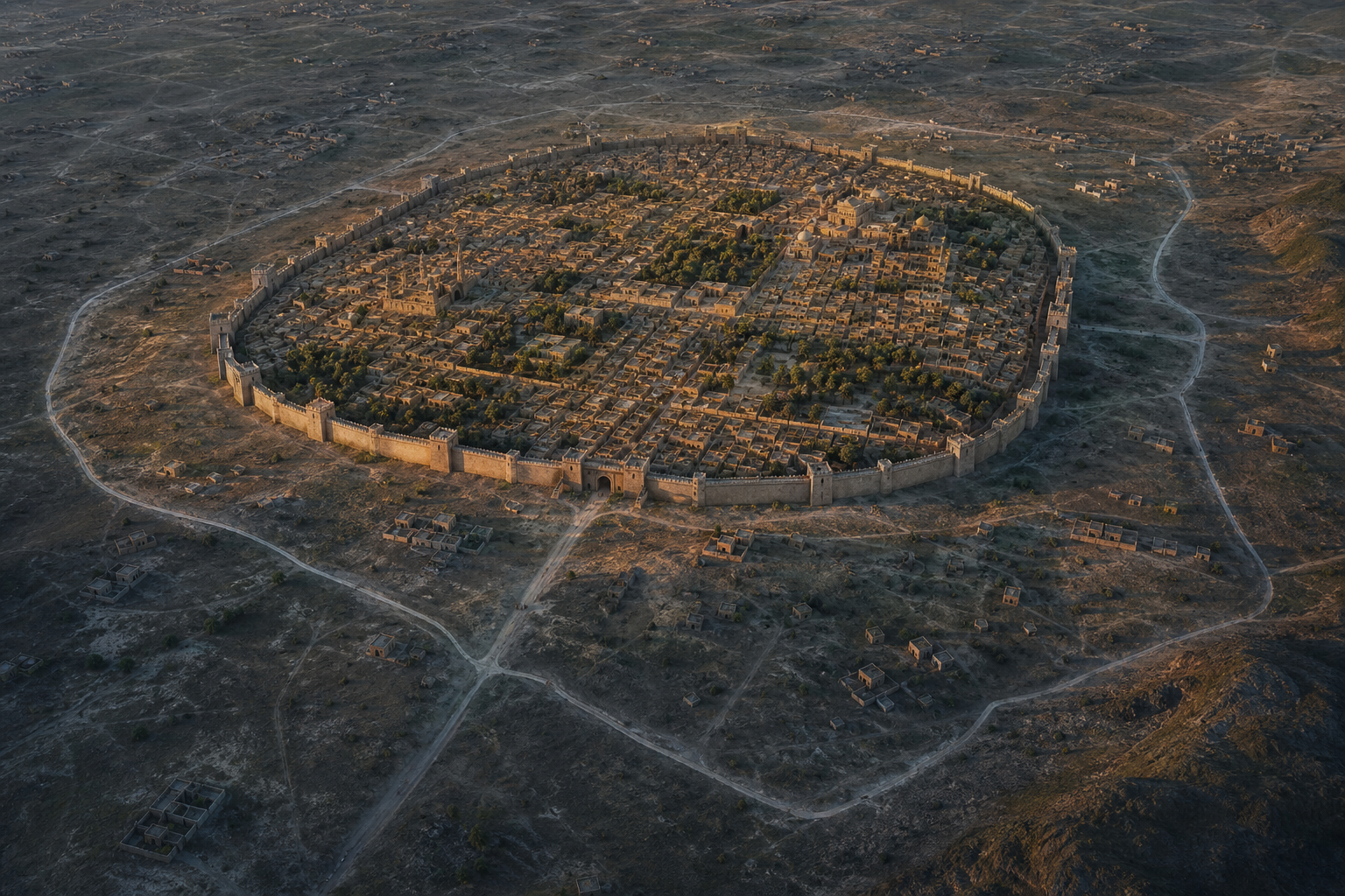 Aerial city/walls visualization showing an inner (intra-muros) versus outer (extra-muros) zone split by a clear perimeter.