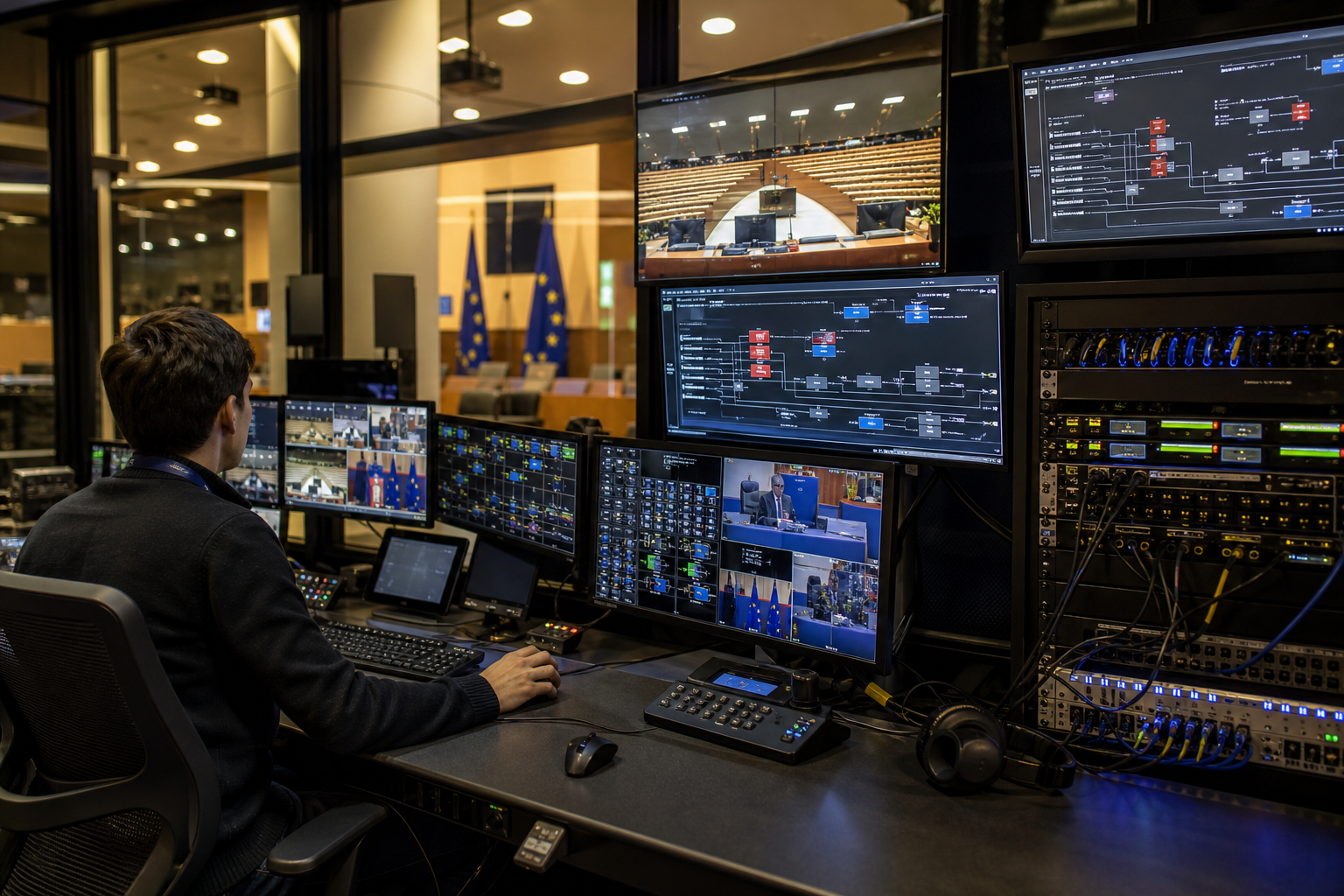 Control room operations for audio/video routing during events.