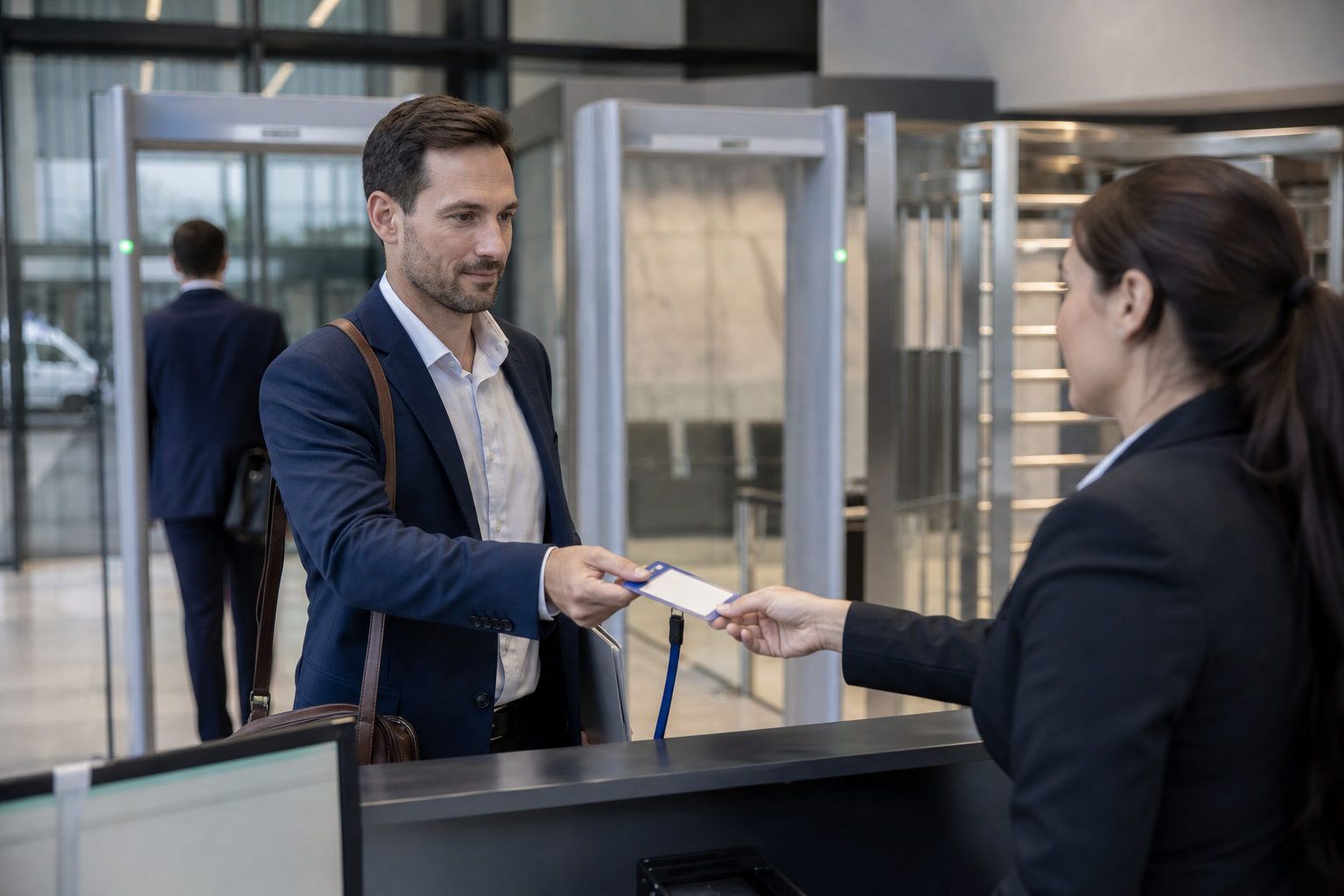 Consultant receiving an access badge at an EU-style security checkpoint.