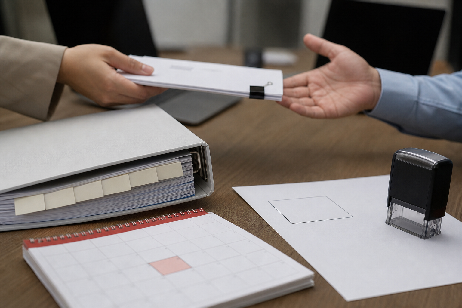 Close-up handover of documents at contract expiry.