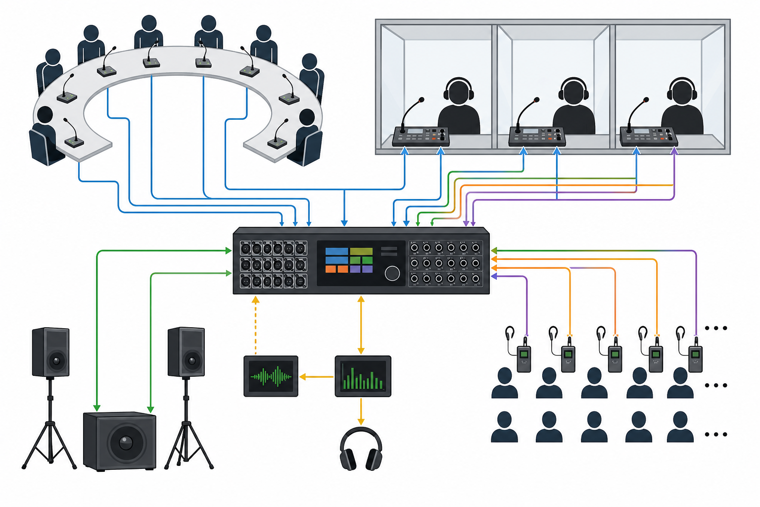 Multichannel audio signal flow for interpretation systems.