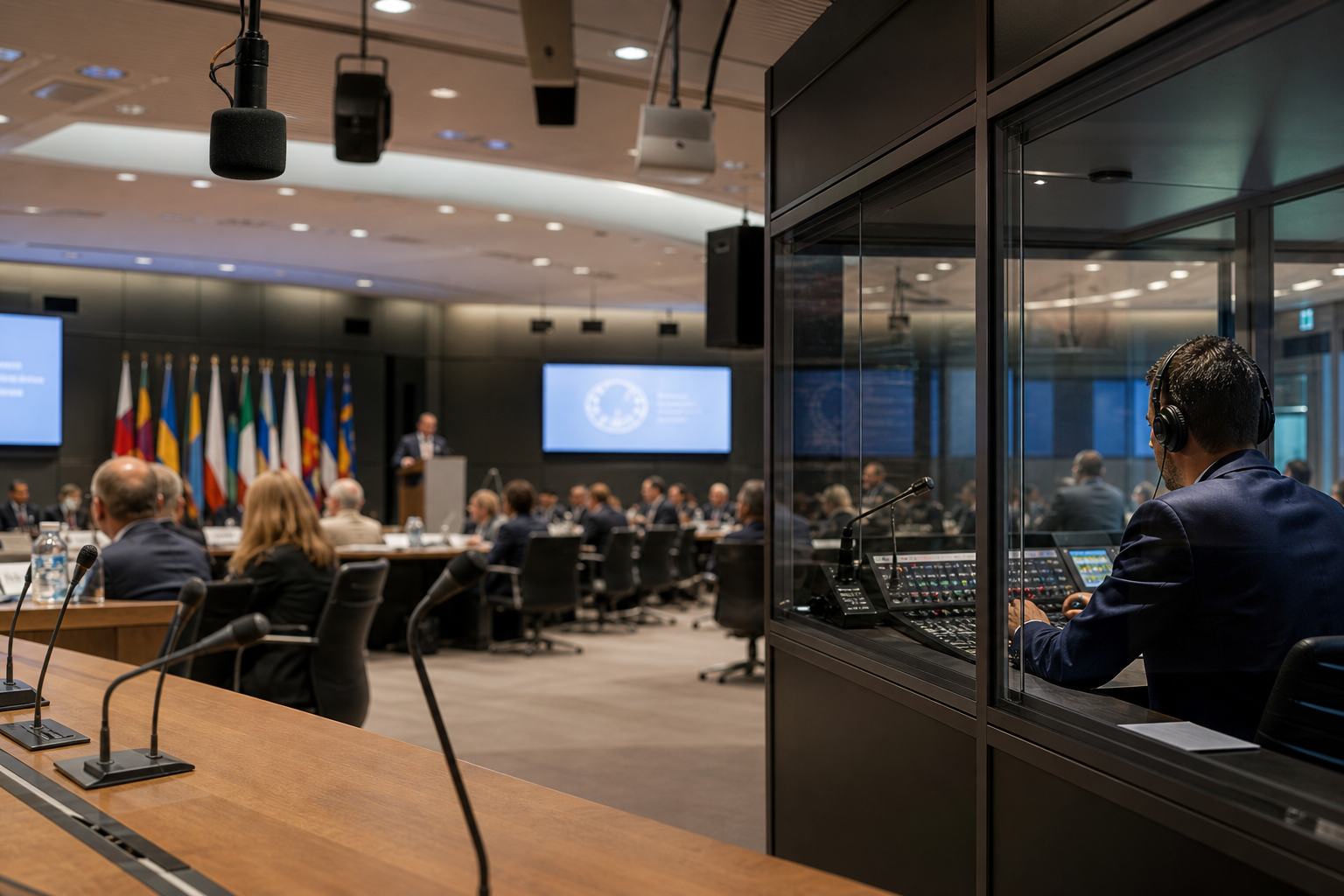 Conference room with simultaneous interpretation booths and technician console setup.