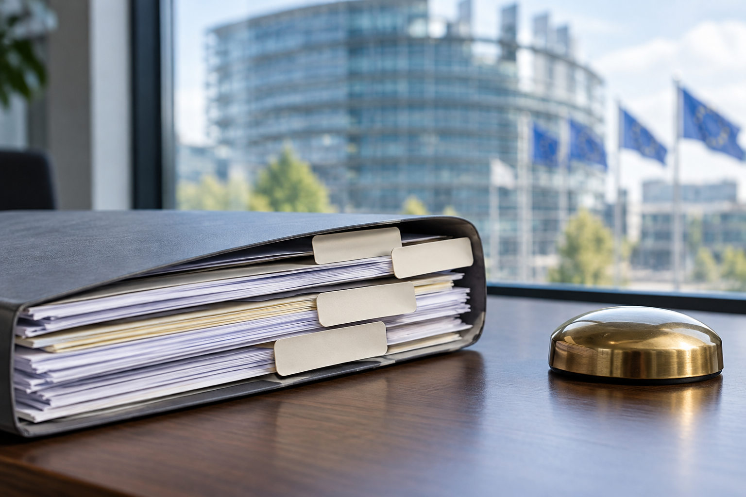 A pre-assignment document pack prepared on a desk in front of an EU-institution setting.
