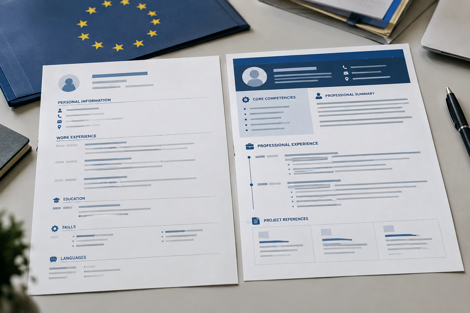 Side-by-side visual metaphor comparing Europass-style vs tender-tailored CV structures.