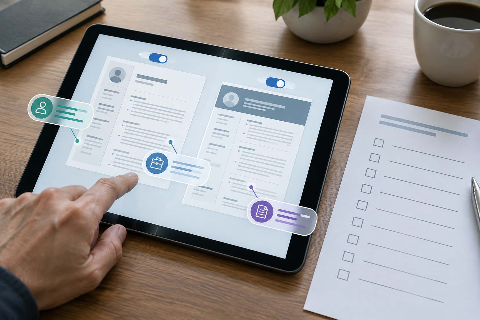 Close-up of customizing CV content for tender requirements (textless visual).