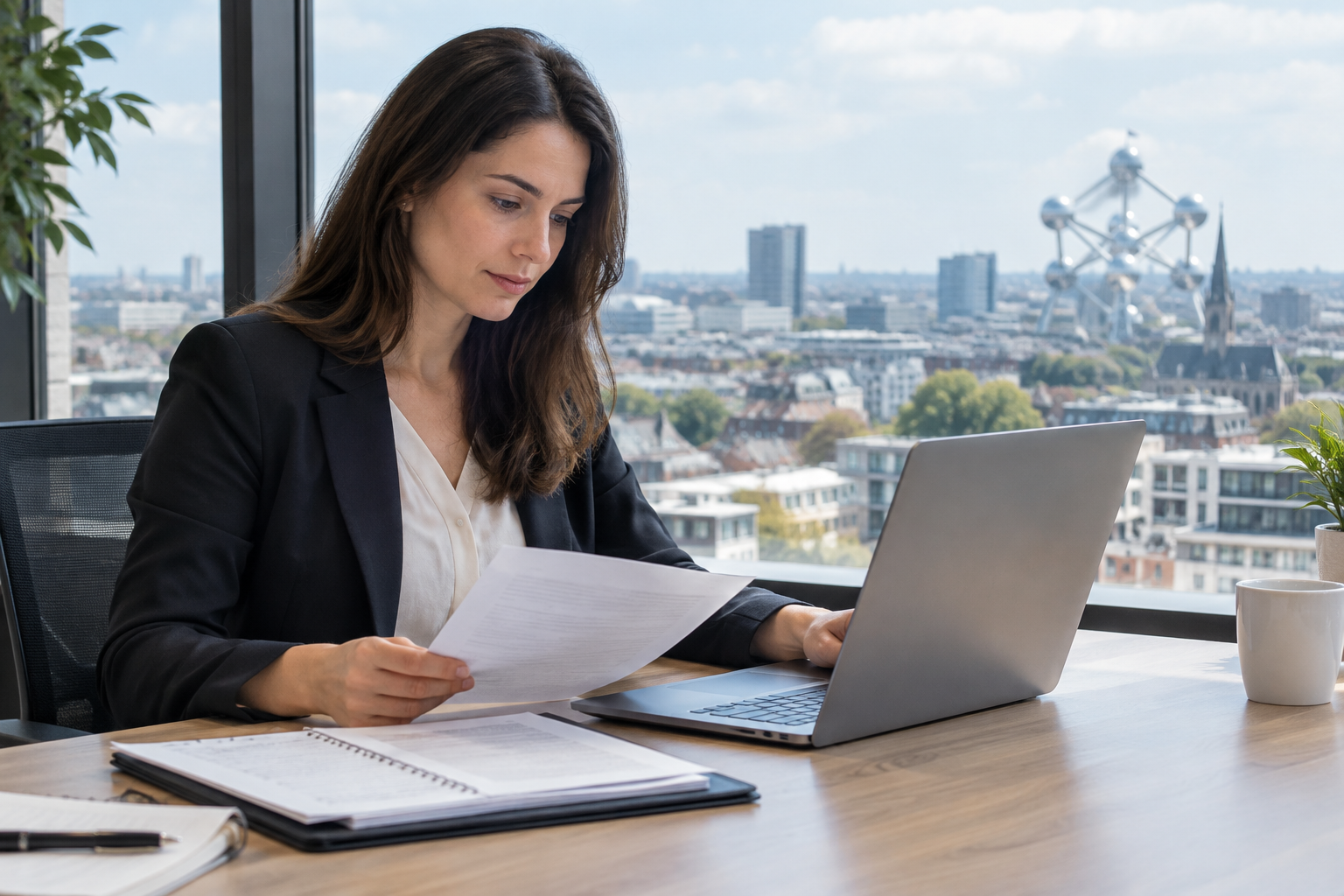 A consultant preparing cross-border work documentation in Brussels.
