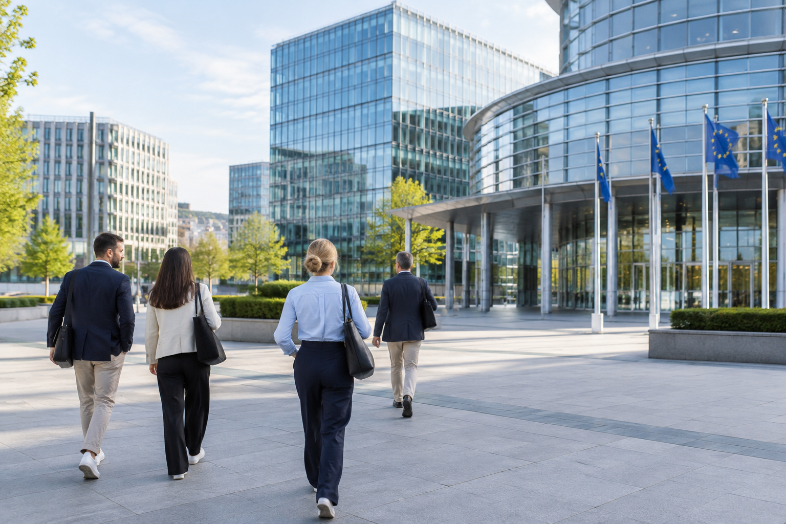 Consultants and contractors arriving at institutional offices in Luxembourg's Kirchberg EU quarter.